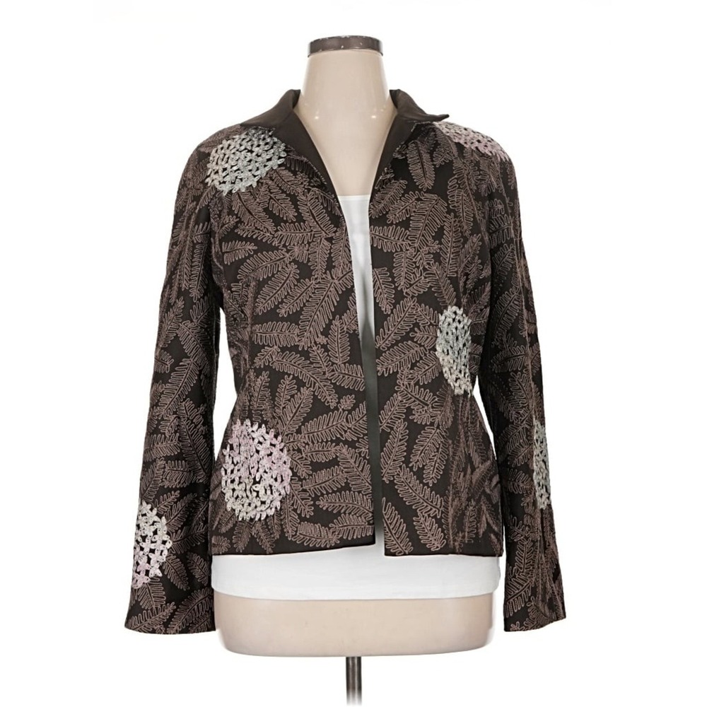 Linda Allard Ellen Tracy Size 14 Wool Brown Floral Embroidered Open Front Jacket